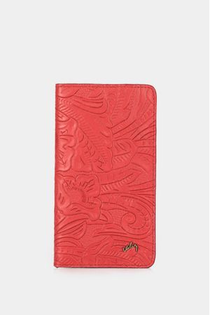 Billetera porta chequera granate de cuero para mujer grabada