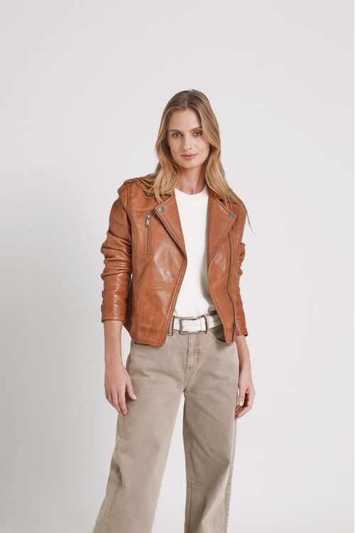 Casaca biker natura de cuero para mujer semi ajustada